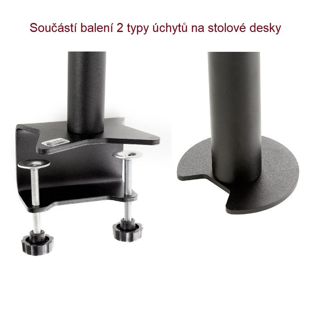 Stolní držák na 2 monitory EDBAK SV08 dodáváme včetně 2 typů uchycení na stolové desky o průměru 10-70mm, který použijete je pouze na Vás - Edbak SV08