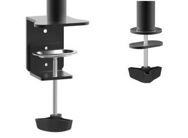 Balení držáku na monitor Fiber Novelty FN401 obsahuje 2 typy uchycení na stoly - na okraj a do prostoru stolové desky